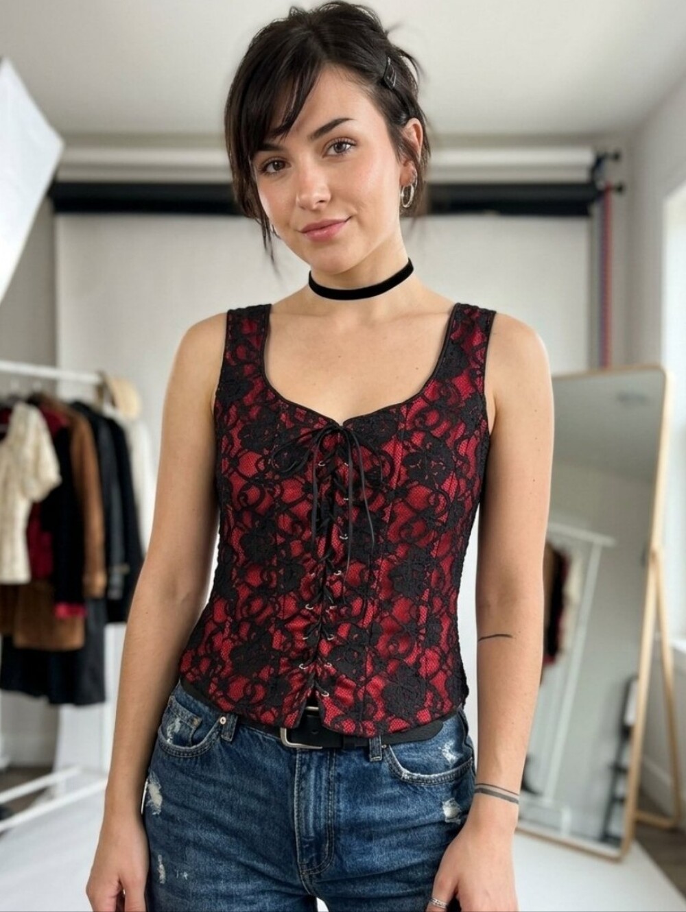 Vintage Y2K Sirens Red & Black Lace Corset Top